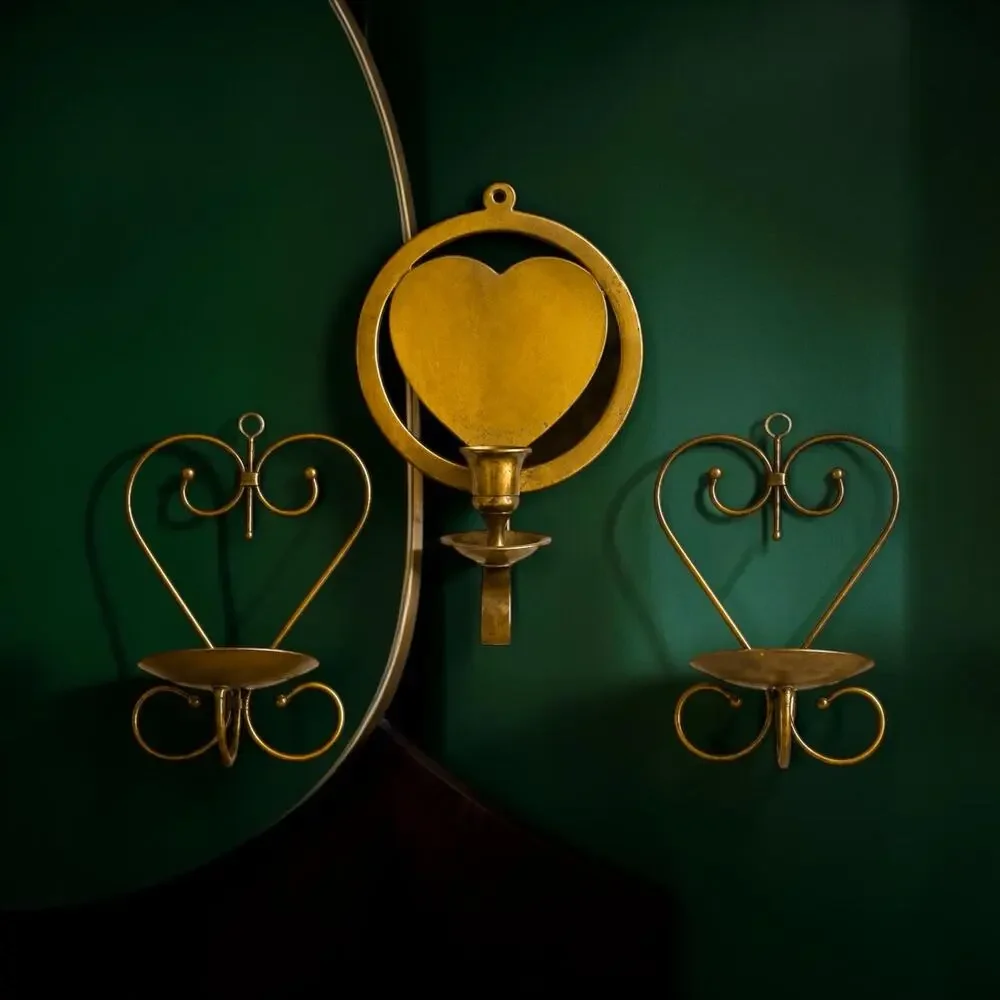 Styled Vintage Brass Heart Collection | Wall Sconce & Pair of Heart Taper Holder